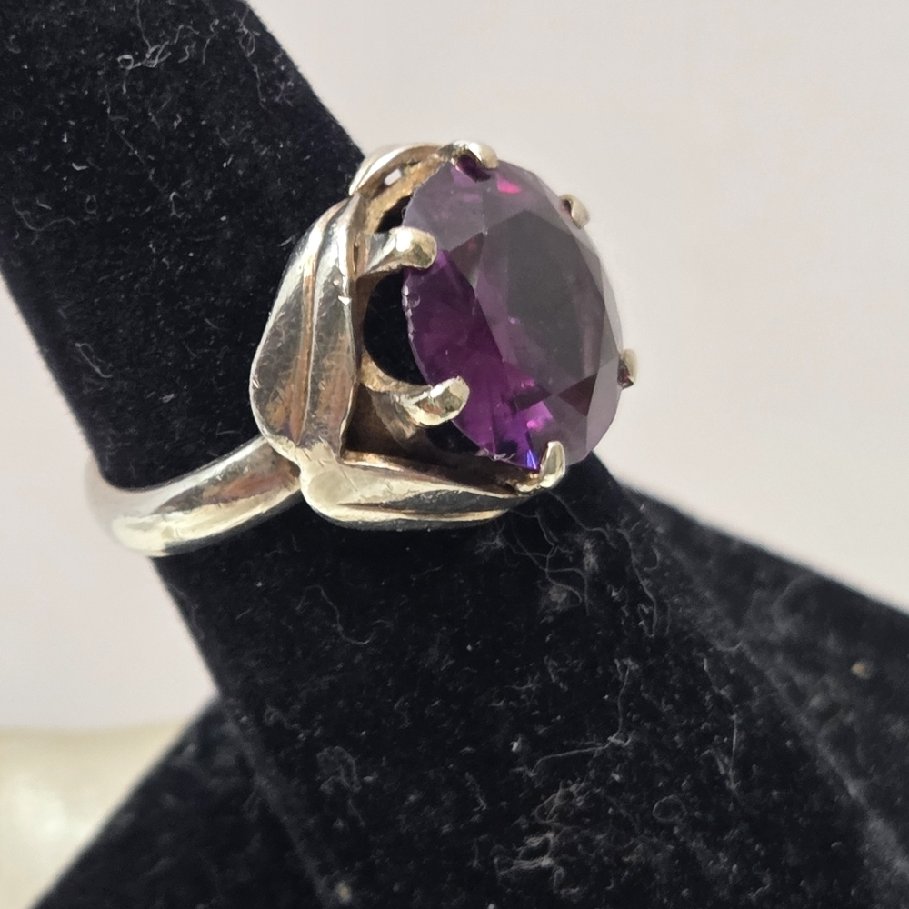vtg purple sapphire 925 chunky ring large stone prong set sz 6.5 Art Deco Flaw